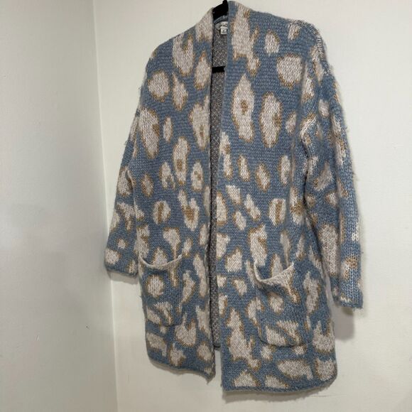 Davi & Dani Leopard Open Front Long Sleeve Cardigan Pockets Shimmer Womens M - Picture 1 of 7